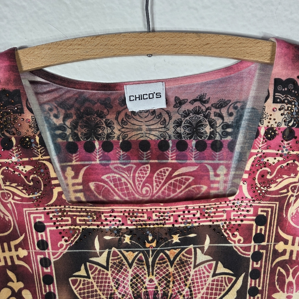 Chicos Tee Shirt Womens Size 3 Rinestones Lotus Print Square Neck - Picture 6 of 16